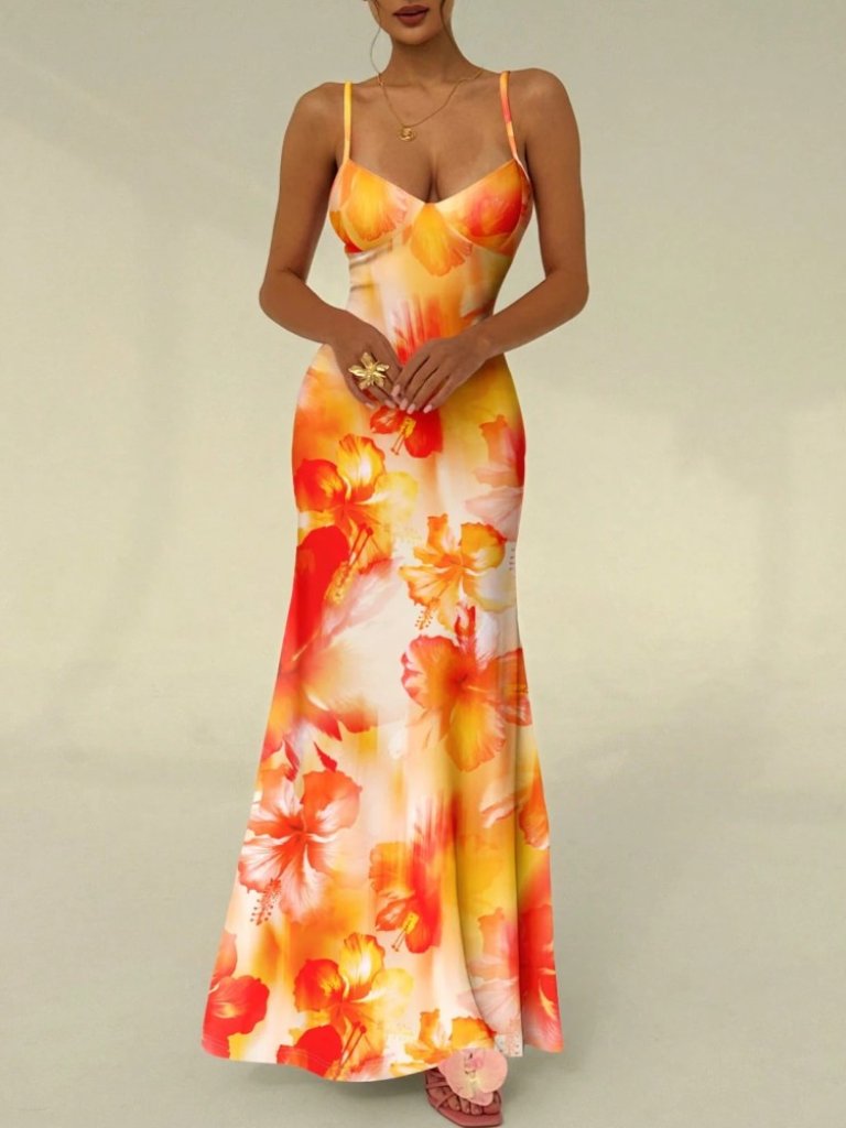 Orange Floral Print Maxi Dress With Spaghetti Straps